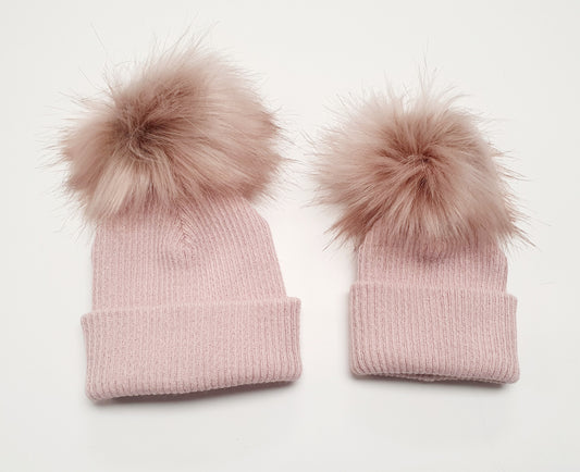 Fur pom dusty pink hat