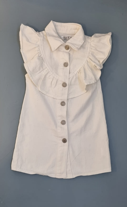 Denim frill dress in white