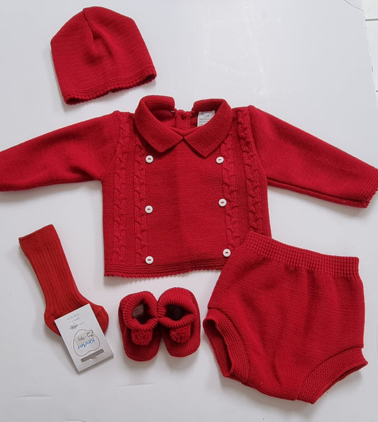 Baby red knit pants, jumper and hat set