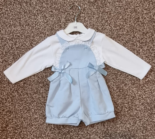 blue pinafore shorts with long sleeve top bow detail