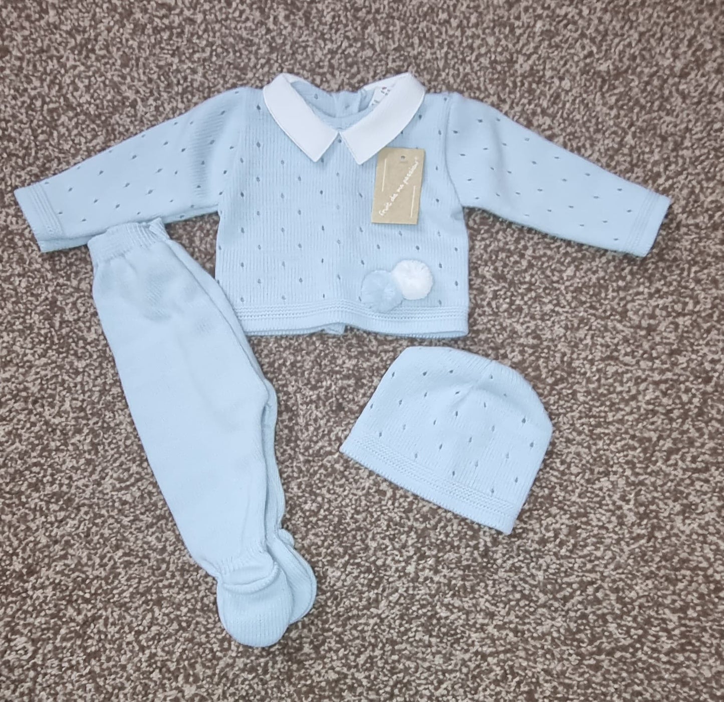 3 piece blue pom knit set