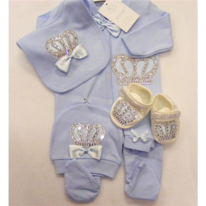 4 piece blue crown babygrow set