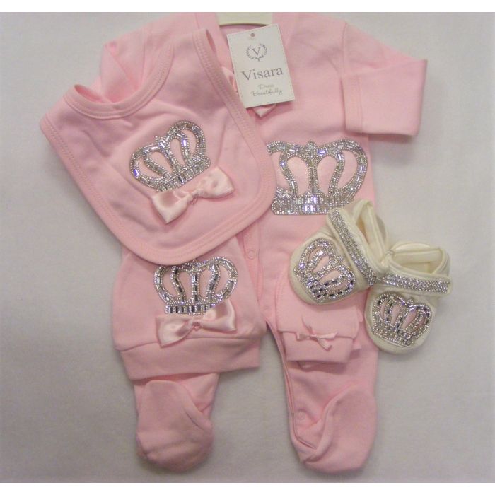 4 piece pink crown babygrow set