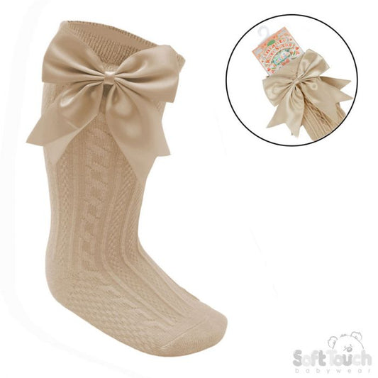 Knee high big bow socks camel