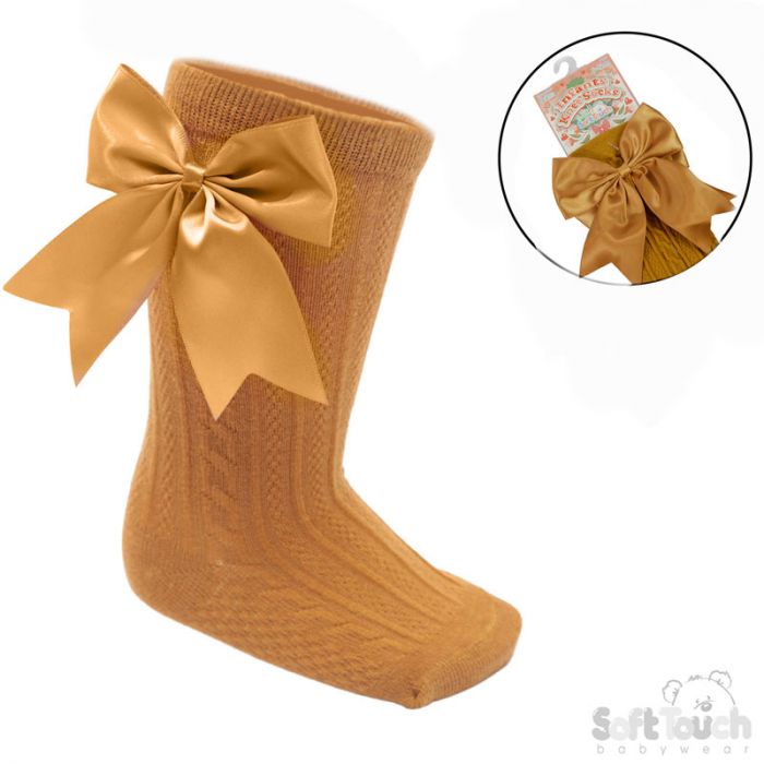 Knee high big bow socks mustard