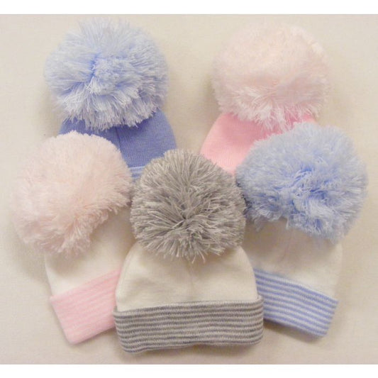 newborm pom hat white with colour stripe and colour pom