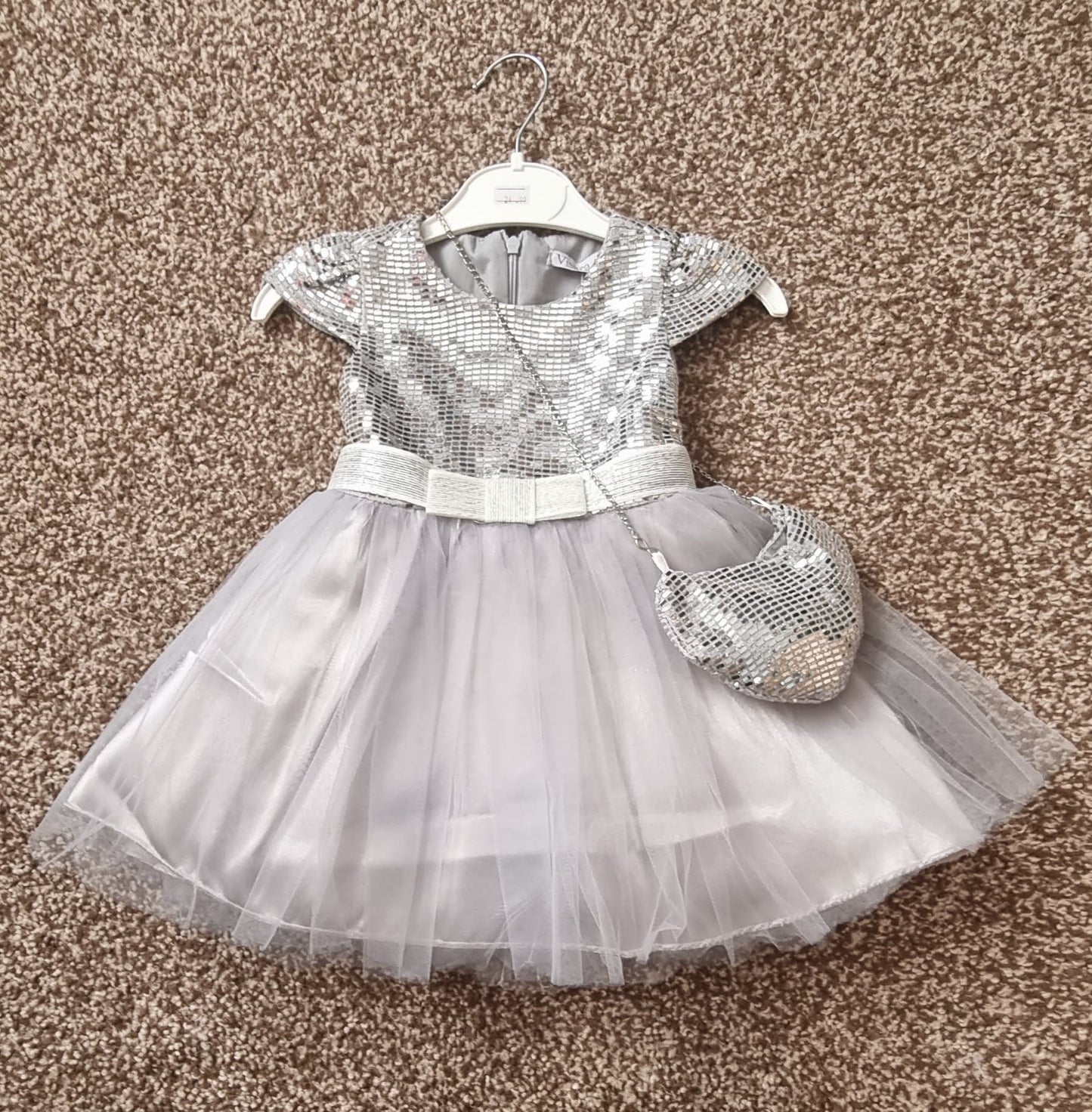 sparkly silver party dress with bag