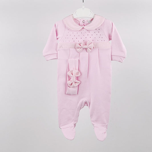 pink ruffle and dimote babygrow with matching headband