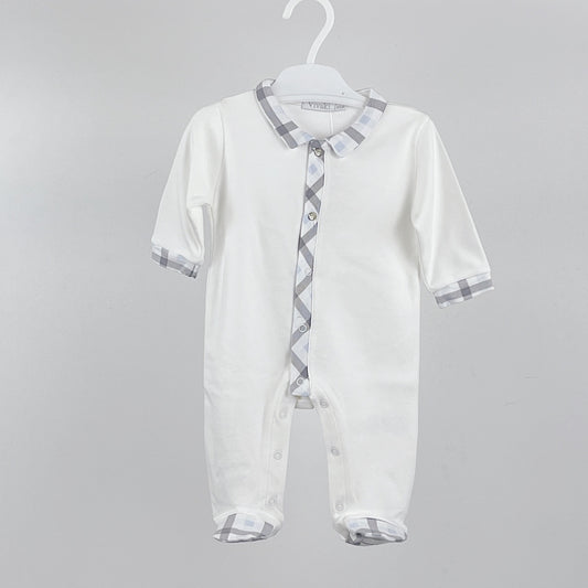 Ivory with blue/grey checked detailed babygrow