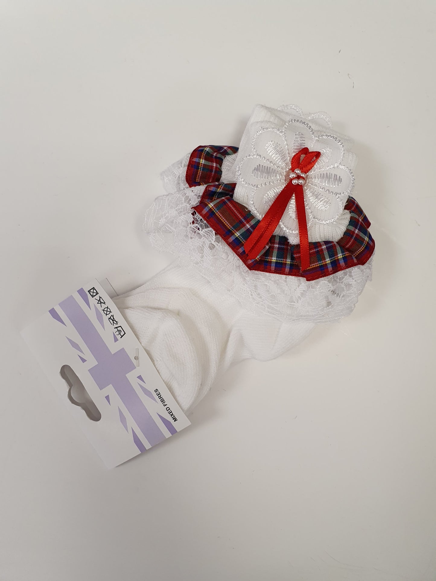 Girls white/tartan frilly socks